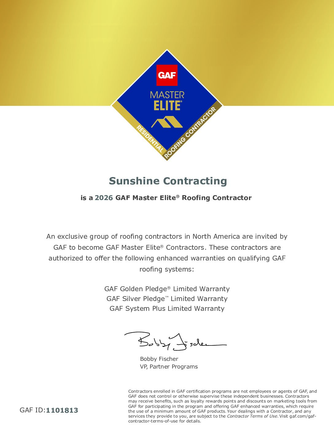 Sunshine Contracting GAF Master Elite certification certificate