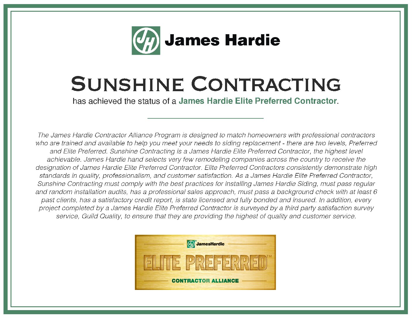 Sunshine Contracting James Hardie Elite Preferred contractor certificate