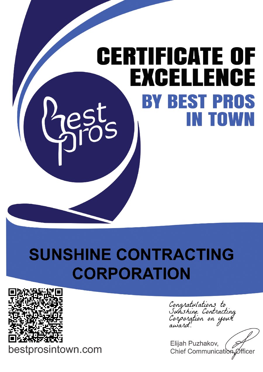 Best Pros in Town Certificate of Excellence awarded to Sunshine Contracting