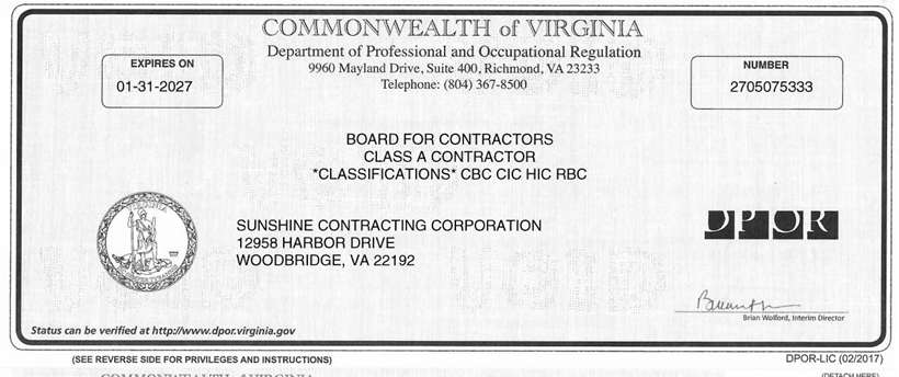 Virginia Class A Contractor licence #2705075333 held by Sunshine Contracting