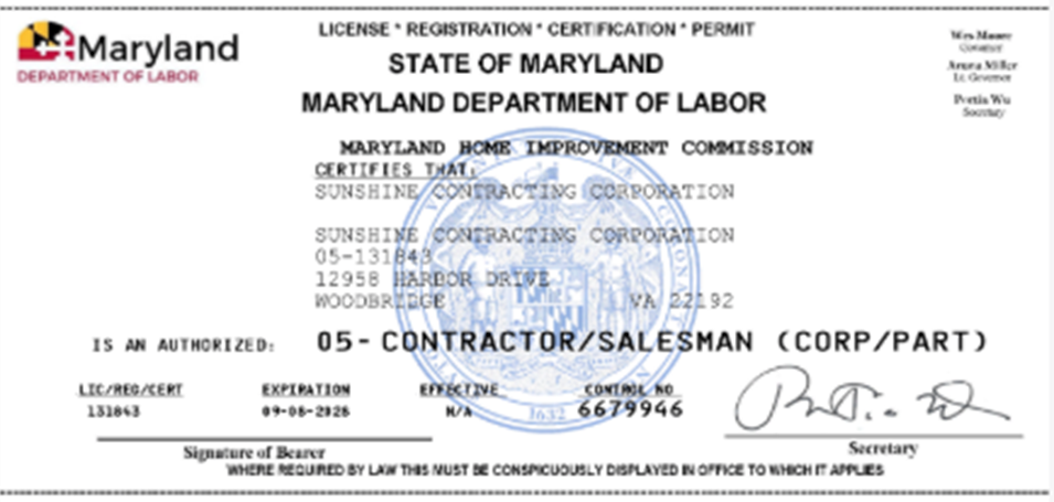 Maryland Home Improvement licence MHIC #05-131843 held by Sunshine Contracting