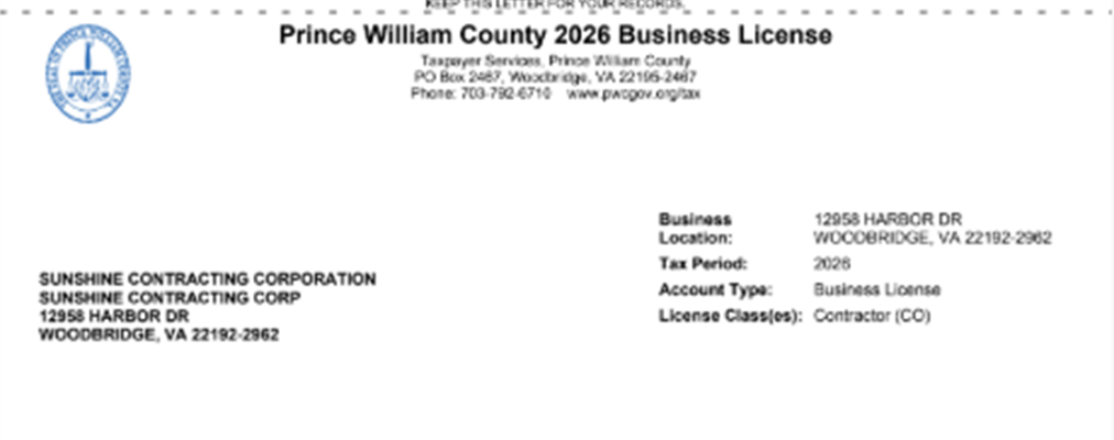 Prince William County licence #10020823-2026 held by Sunshine Contracting