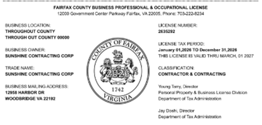 Fairfax County licence #2635292 held by Sunshine Contracting