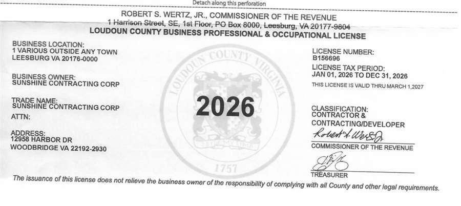 Loudoun County licence #B156696 held by Sunshine Contracting