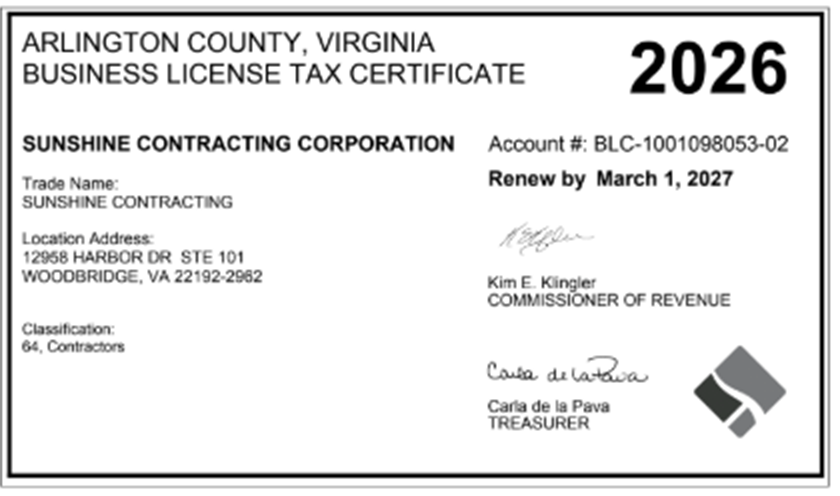 Arlington County licence #BLC-1001098053-02 held by Sunshine Contracting