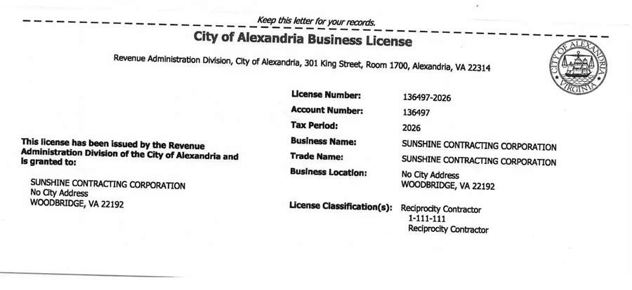 City of Alexandria licence #136497-2026 held by Sunshine Contracting