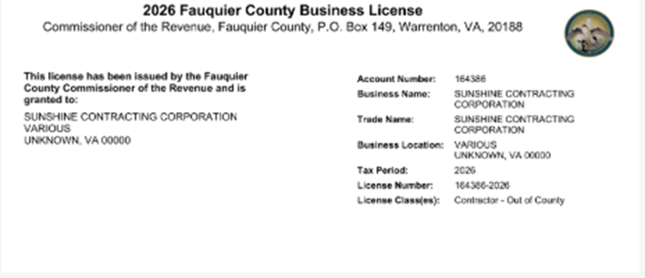 Fauquier County licence #164386-2026 held by Sunshine Contracting
