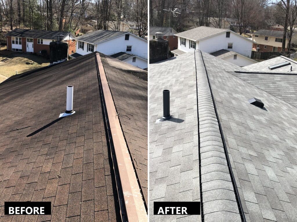 Before and after: worn shingles replaced with a new GAF roof and ridge vent on a Northern Virginia home
