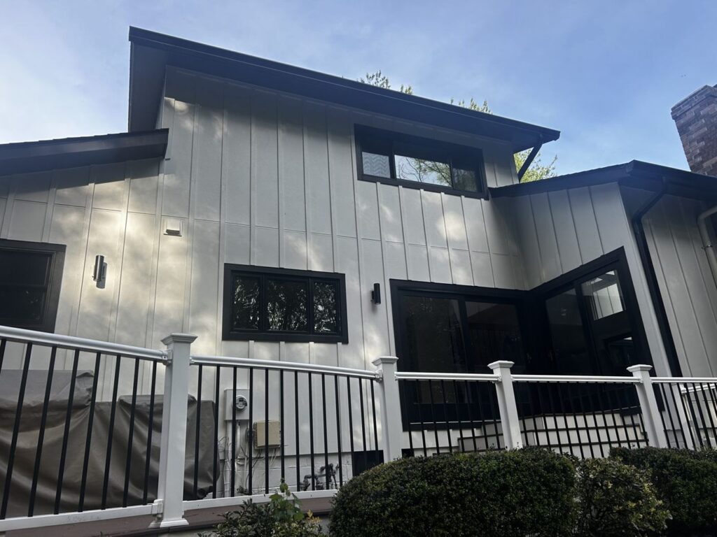 Close view of new James Hardie board and batten siding on the rear of a Springfield, VA home