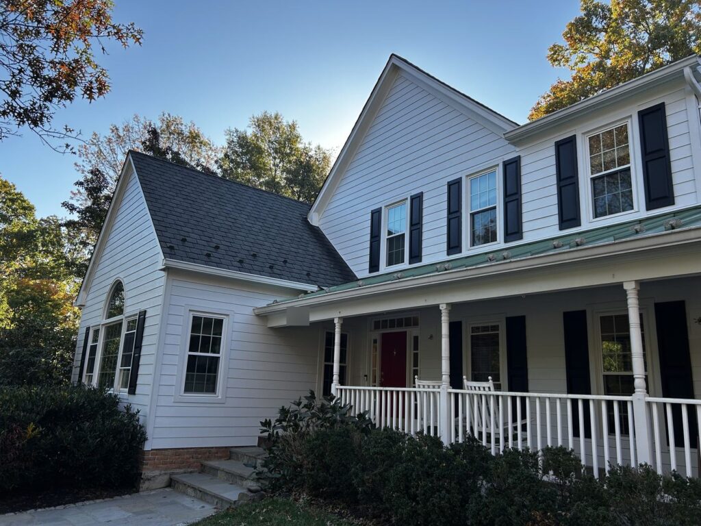 James Hardie lap siding around the front porch and gable of a Vienna, VA home