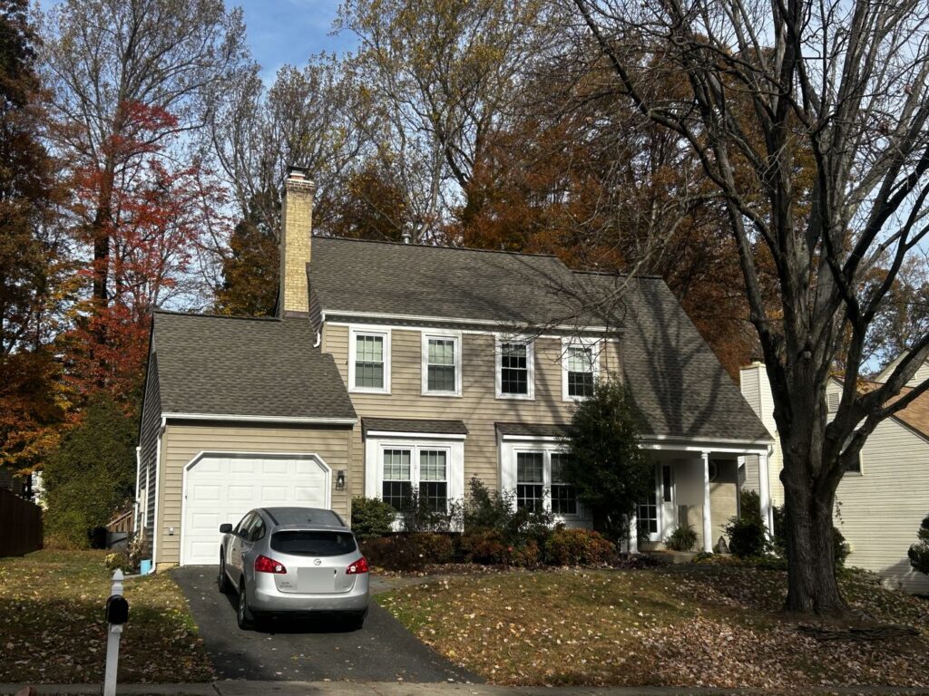 Burke, VA colonial with a new GAF Timberline HDZ roof, front view
