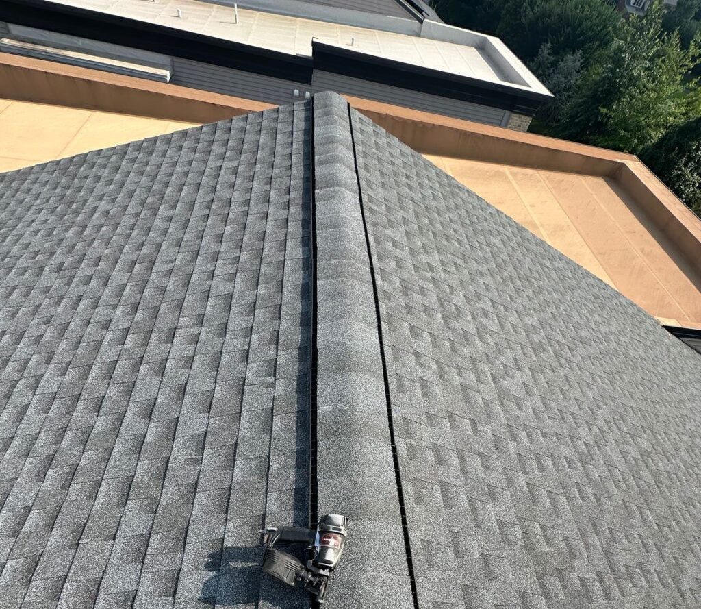 Finished ridge vent along the peak of a new roof in Ashburn, VA